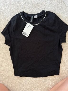Express Black Rhinestone-Trim Crop Tee